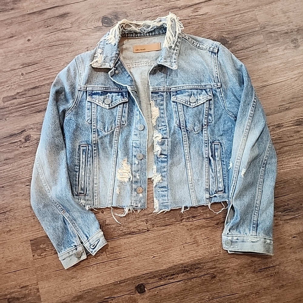 GRLFRND Cropped Cara Fringe Jean Jacket Size Small